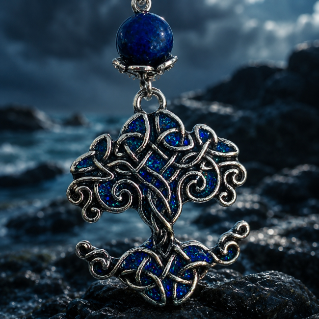 Arbre de Vie Celtique Bleu – Détail des Boucles d'Oreilles Les Larmes de Ran Gros plan sur le pendentif Arbre de Vie de la collection Læraðr. Son émaillage artisanal aux nuances de bleu océan rappelle les profondeurs marines tandis que ses entrelacs celtiques symbolisent les liens éternels entre les mondes.
