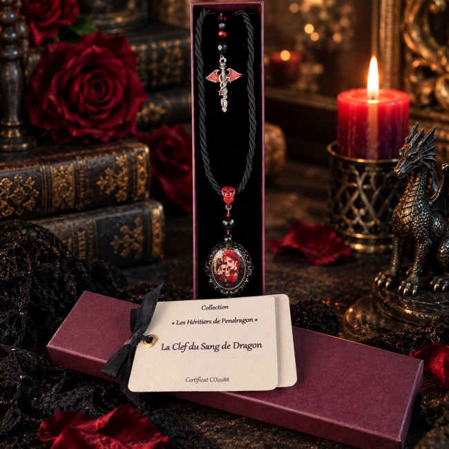 La Clef du Sang de Dragon – Collier gothique artisanal dans son écrin Collier gothique artisanal La Clef du Sang de Dragon présenté dans son écrin avec carte d’identification