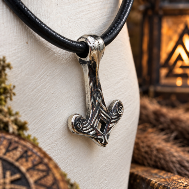 Pendentif viking Muninn – Vue latérale et détails artisanaux Vue latérale du pendentif viking Le Regard de Muninn montrant ses reliefs et détails inspirés de l’art nordique