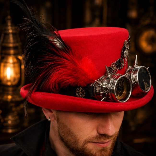 Chapeau steampunk rouge porté – Haut de forme gothique Dr Jekyll Homme portant un chapeau steampunk rouge gothique avec plumes noires et lunettes mécaniques vintage.