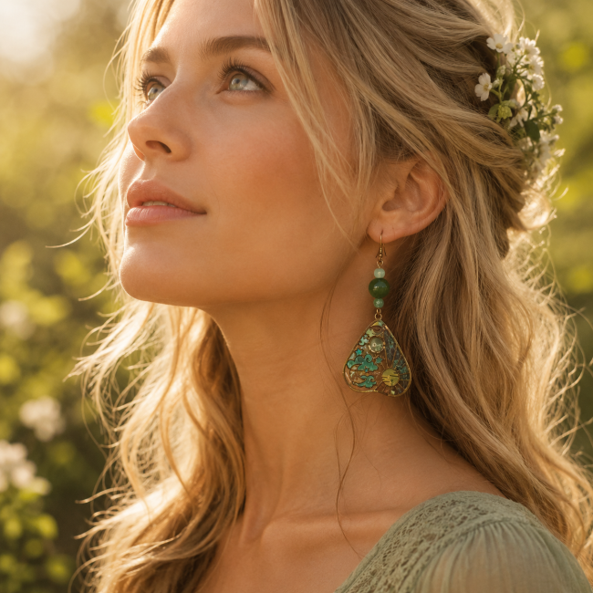 Femme blonde aux cheveux longs portant les boucles d’oreilles “Ostara” inspirées des mythologies wicca, ambiance nature et lumière dorée.