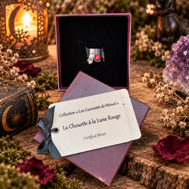 Bague La Chouette à la Lune Rouge présentée dans son écrin avec carte d’identification