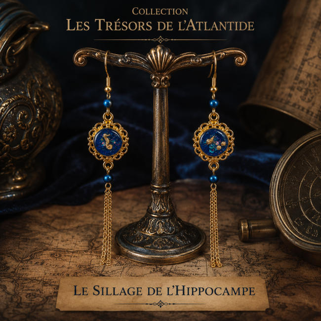 Boucles d'oreilles Le Sillage de l'Hippocampe – Les Trésors de l'Atlantide Boucles d'oreilles artisanales Le Sillage de l'Hippocampe en acier inoxydable doré, hématite bleue et cabochons émaillés inspirés de l'Atlantide.