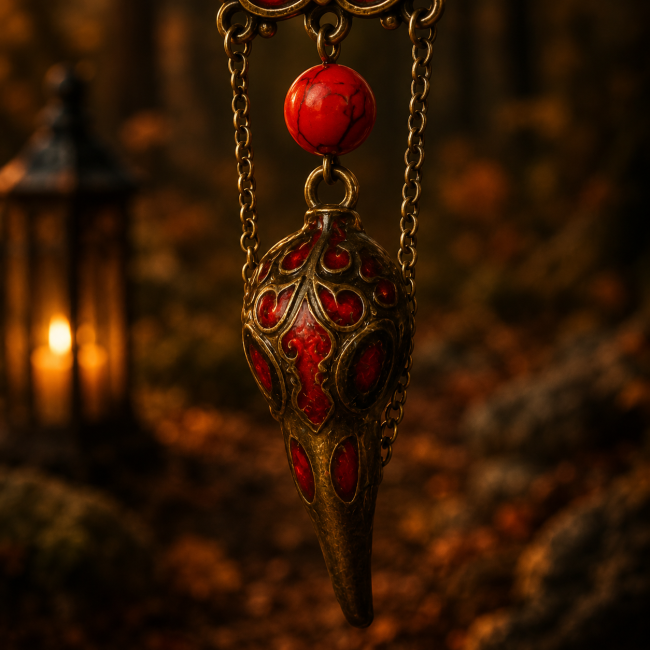 Crâne de corbeau rouge rubis – Bijou viking artisanal Zoom détaillé sur le crâne de corbeau émaillée rouge rubis des boucles d’oreilles Les Murmures de la Völva. Inspiration mythologie nordique, bronze vieilli et lumière chaleureuse dans une forêt automnale mystique.