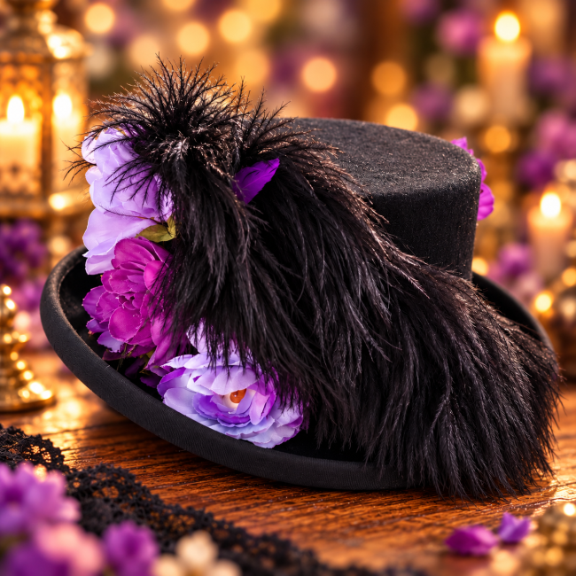 Chapeau Mina – Vue arrière et plumes Chapeau Mina vu de l’arrière avec ses longues plumes noires et ses ornements floraux violets