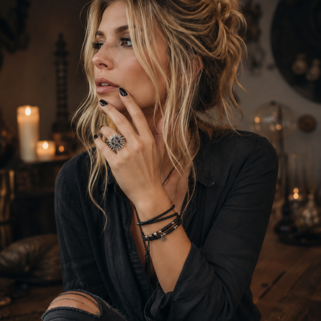 Le Soleil des Sorcières bague gothique portée par une femme Femme blonde portant la bague gothique Le Soleil des Sorcières en acier inoxydable argenté