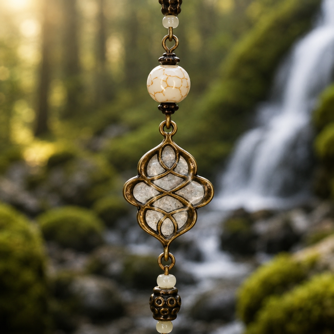Vue rapprochée du pendentif aux entrelacs celtiques et perles décoratives des boucles d’oreilles La Brume de Mimir. L’émail artisanal nacré blanc révèle toute la finesse des textures et du travail du laiton vieilli.