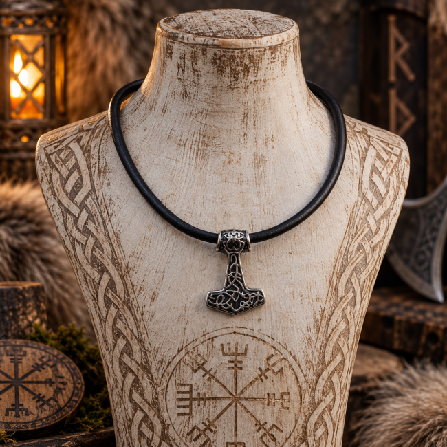 Collier viking agenre sur cordon en cuir – Présentation Le Serment du Tonnerre présenté sur un buste d’inspiration nordique : un collier viking agenre en cuir noir, pensé comme un bijou mixte artisanal.