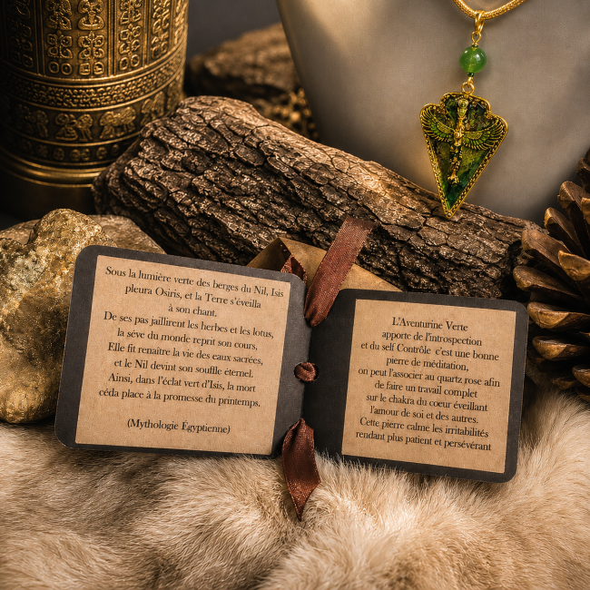 Collier Isis Sève de Vie en aventurine verte et acier inoxydable doré présenté avec ses cartes d'identification et de lithothérapie inspiré de l’Égypte antique.
