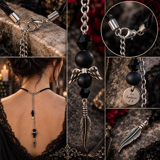 Détails de la fermeture ajustable du collier gothique Le Requiem de Rosamund avec cordon tressé noir satiné, onyx et finitions artisanales