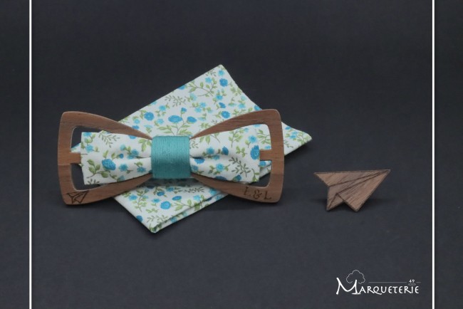 Noeud papillon bois et tissu liberty blanc bleu canard avec...