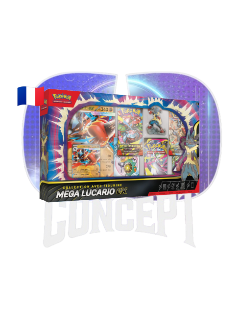 Coffret Pokémon Collection Figurine Méga Lucario Ex front Photo de face du Coffret Pokémon Collection Figurine Mega Lucario Ex