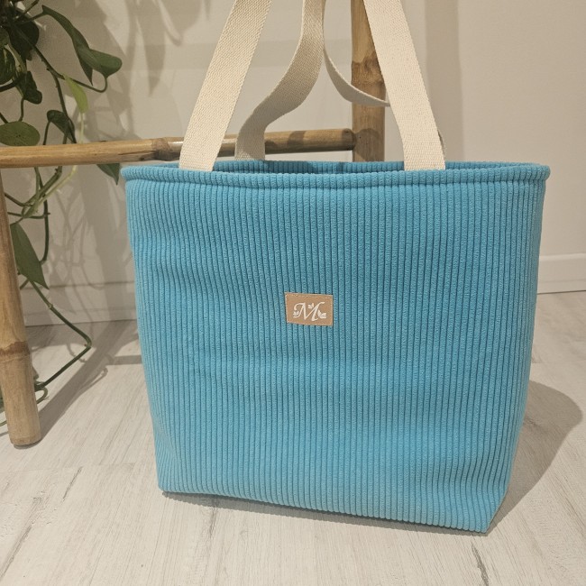 cabas fourre tout en velours côtelé coloris turquoise 