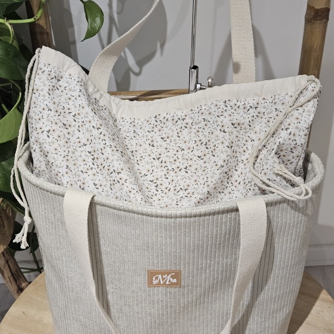 cabas fourre tout en velours côtelé coloris beige lurex argenté