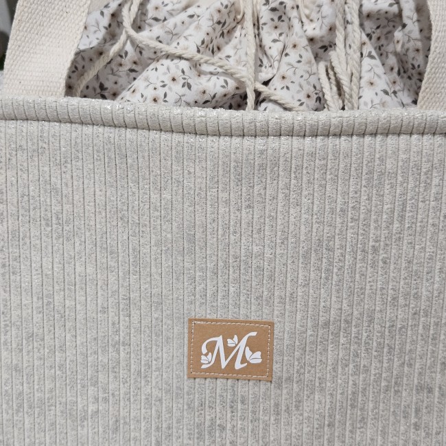 cabas fourre tout en velours côtelé coloris beige lurex argenté