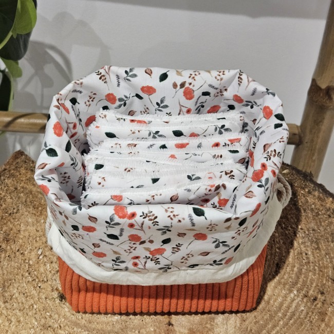 Trousse panière et 8 lingettes zéro déchet coloris orange