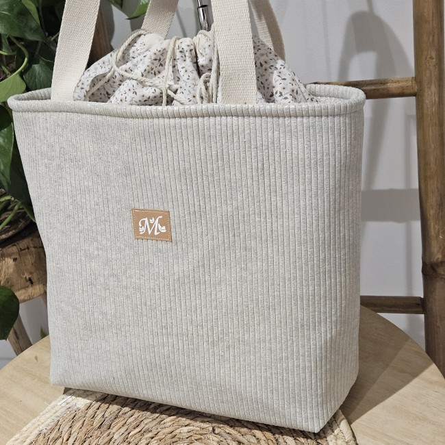 cabas fourre tout en velours côtelé coloris beige lurex argenté