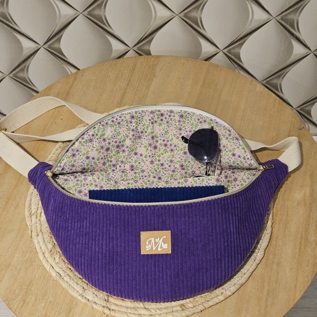 Sac banane Tsuki velours côtelé coloris violet | Mel Créations Intérieur du sac banane Tsuki en velours côtelé violet