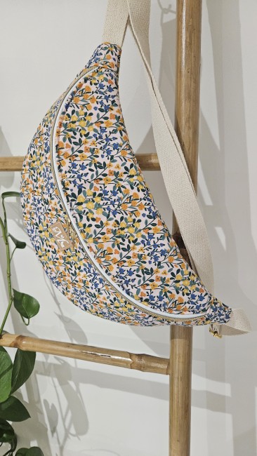 Sac banane en coton imprimé fleuri tons bleus et jaunes 