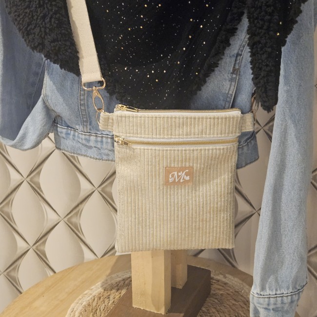Pochette bandoulière l’essentiel velours beige lurex doré et coton mini fleuri tout doux