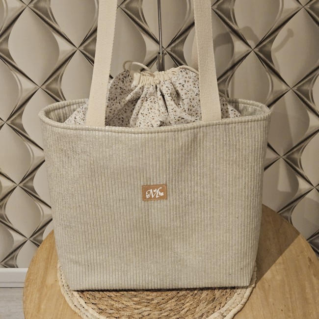 Cabas fourre tout HAPPY en velours côtelé coloris beige lurex argenté et coton fleuri très doux
