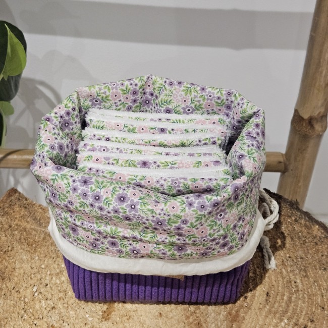 Trousse panière et 8 lingettes zéro déchet coloris violet 