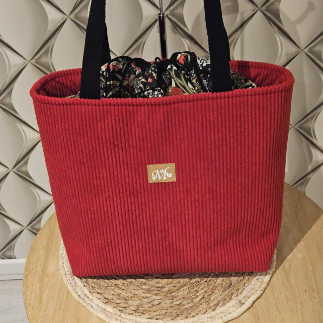 Cabas fourre tout HAPPY en velours côtelé coloris rouge et coton japonais