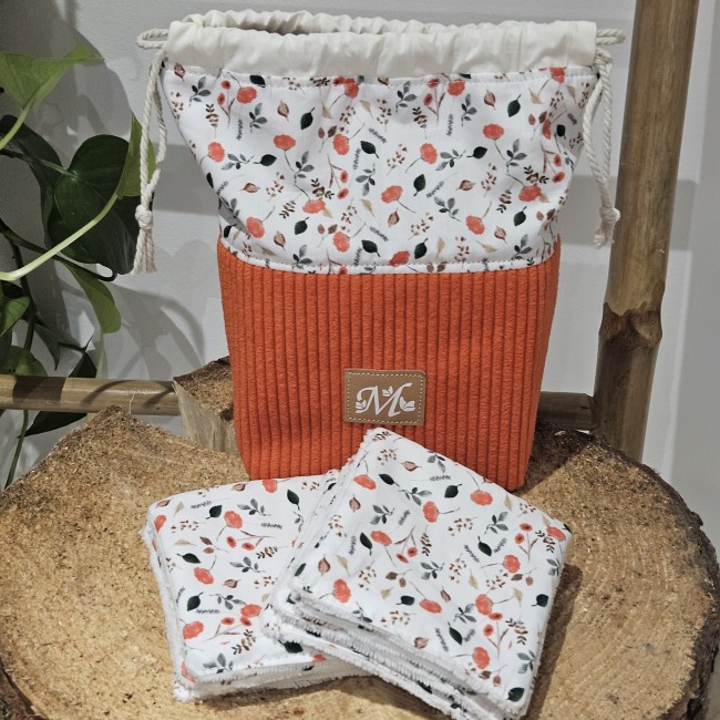 Trousse panière et 8 lingettes zéro déchet coloris orange