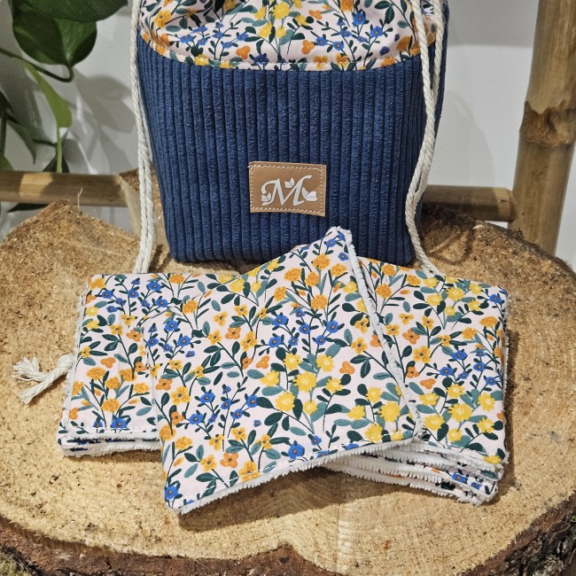 Trousse panière + 8 lingettes zéro déchet coloris bleu jeans