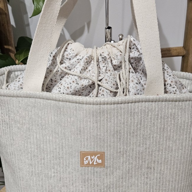 cabas fourre tout en velours côtelé coloris beige lurex argenté
