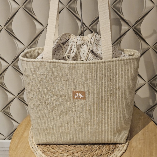 Cabas fourre tout HAPPY en velours côtelé coloris beige lurex doré et coton fleuri très doux
