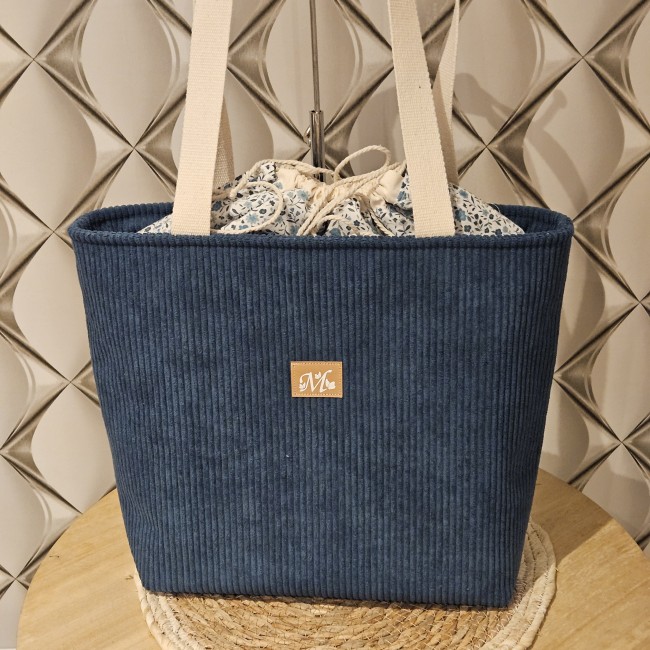Cabas fourre tout HAPPY en velours côtelé coloris bleu canard et coton fleuri bleu