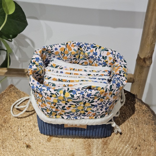Trousse panière + 8 lingettes zéro déchet coloris bleu jeans