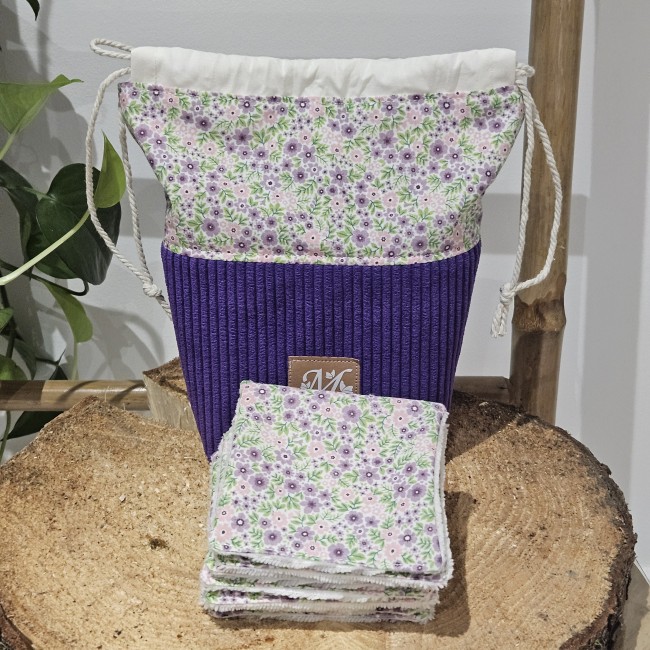 Trousse panière et 8 lingettes zéro déchet coloris violet 