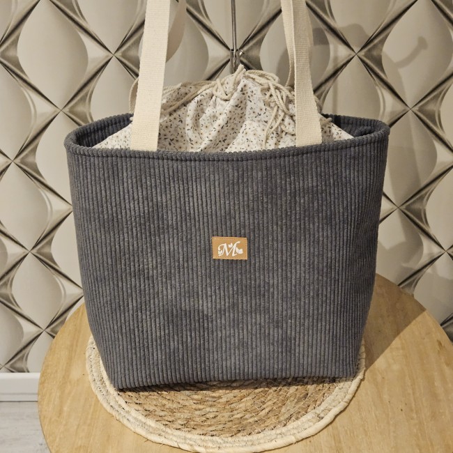 Cabas fourre tout HAPPY en velours côtelé coloris gris anthracite et coton fleuri très doux