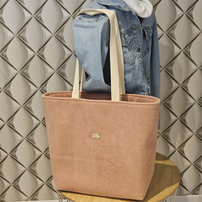 Maxi cabas en velours côtelé d'ameublement coloris bois de rose et coton fleuri