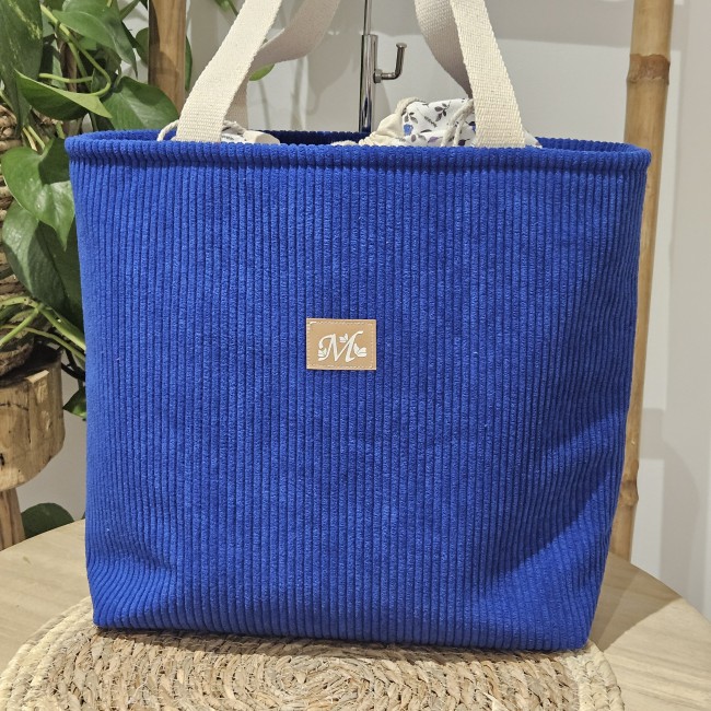 cabas fourre tout en velours côtelé coloris bleu roi
