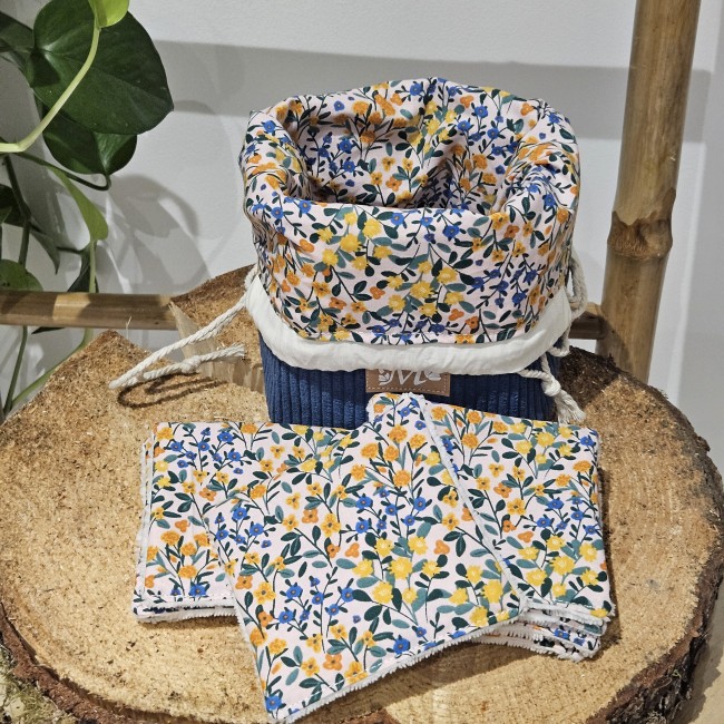 Trousse panière + 8 lingettes zéro déchet coloris bleu jeans