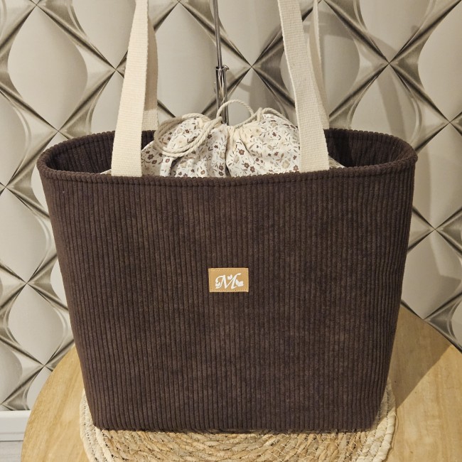Cabas fourre tout HAPPY en velours côtelé coloris chocolat et coton fleuri beige chocolat