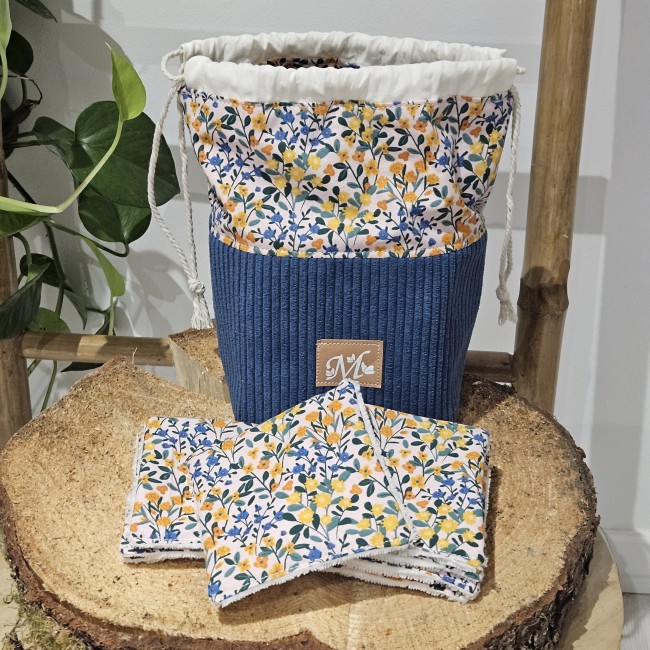 Trousse panière + 8 lingettes zéro déchet coloris bleu jeans