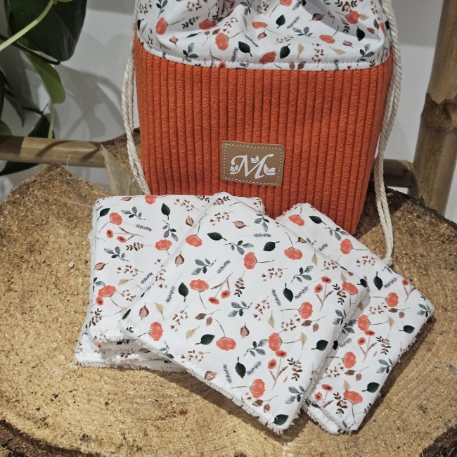 Trousse panière et 8 lingettes zéro déchet coloris orange
