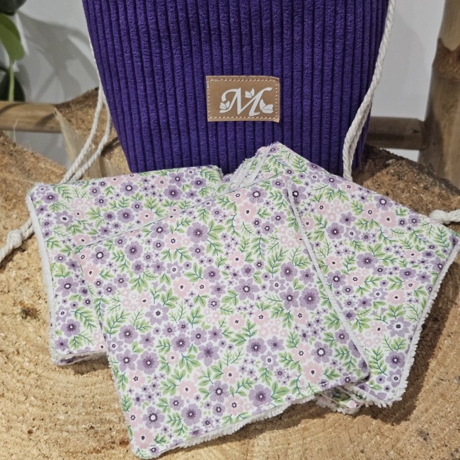 Trousse panière et 8 lingettes zéro déchet coloris violet 