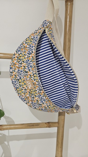 Sac banane en coton imprimé fleuri tons bleus et jaunes 
