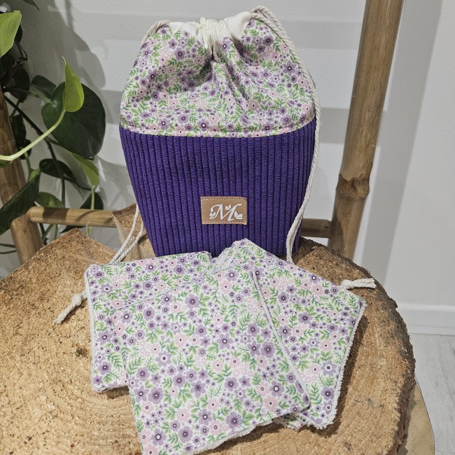 Trousse panière et 8 lingettes zéro déchet coloris violet 