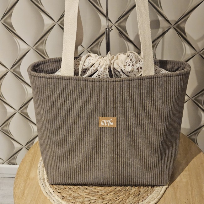 Cabas fourre tout HAPPY en velours côtelé coloris taupe et coton fleuri beige chocolat