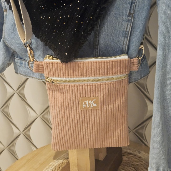 Pochette bandoulière l’essentiel velours bois de rose et coton imprimé Tulipes