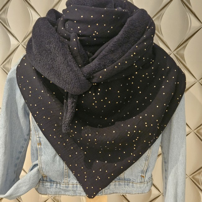 Maxi chèche double gaze noire à pois dorés et polaire noire