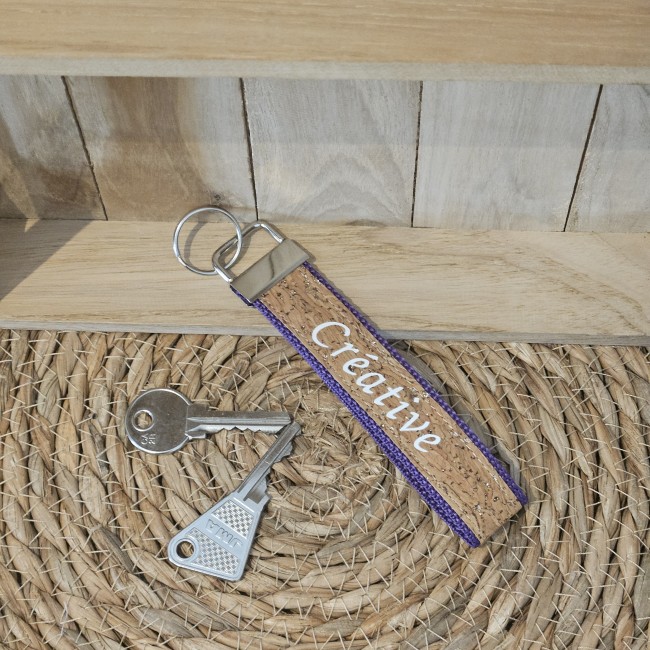 Porte clés message CRÉATIVE coloris violet /liège