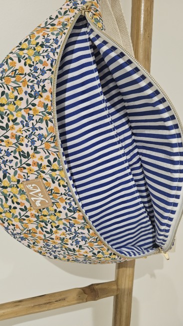Sac banane en coton imprimé fleuri tons bleus et jaunes 