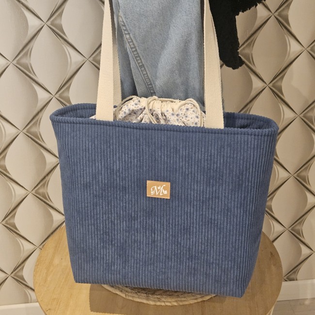 Cabas fourre tout HAPPY en velours coloris bleu jeans et coton mini fleuri bleu